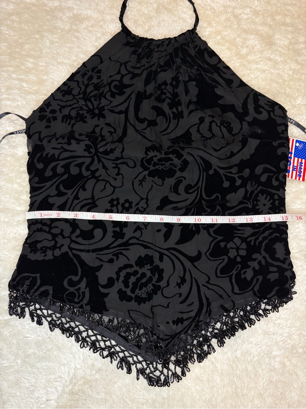 Vintage black velvet burnout tie halter top beaded trim open back deadstock - Picture 11 of 12